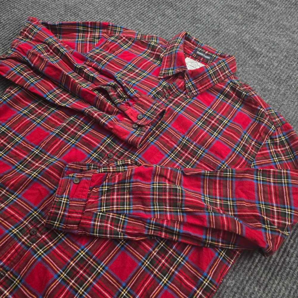 St John's Bay Flannel Shirt Mens L Red Plaid Cotton Button Down Brushed Tartan